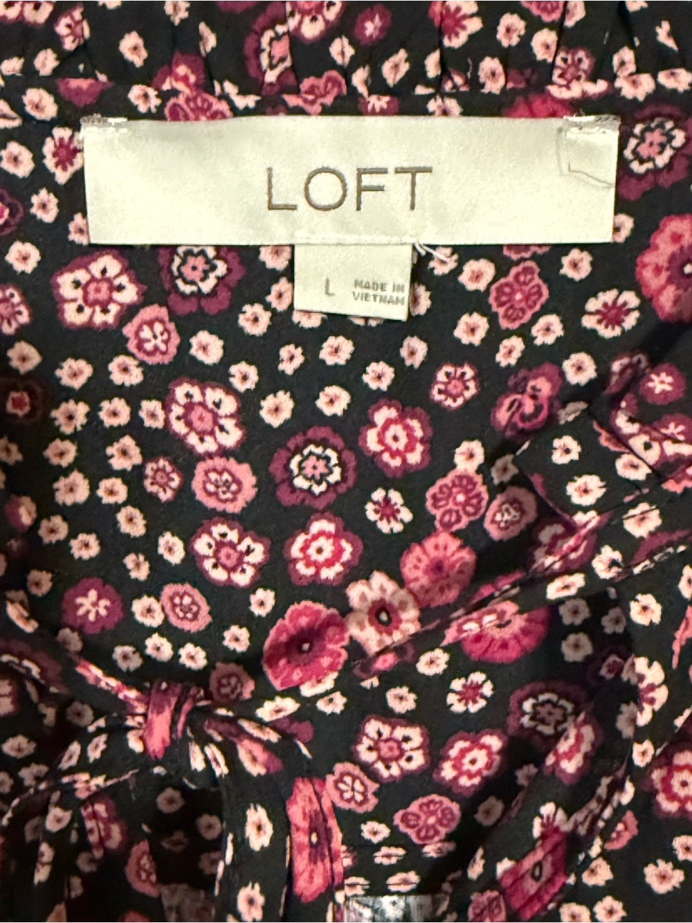 LOFT Black Pink Floral Tie-Neck Blouse - Picture 2 of 3